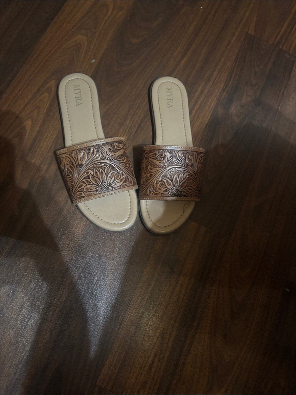 Myra Bag Brown Floral-Tooled Slide Sandals